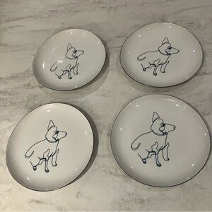 West Elm frank Millero 4 white plates with blue dog pencil drawing. EUC!